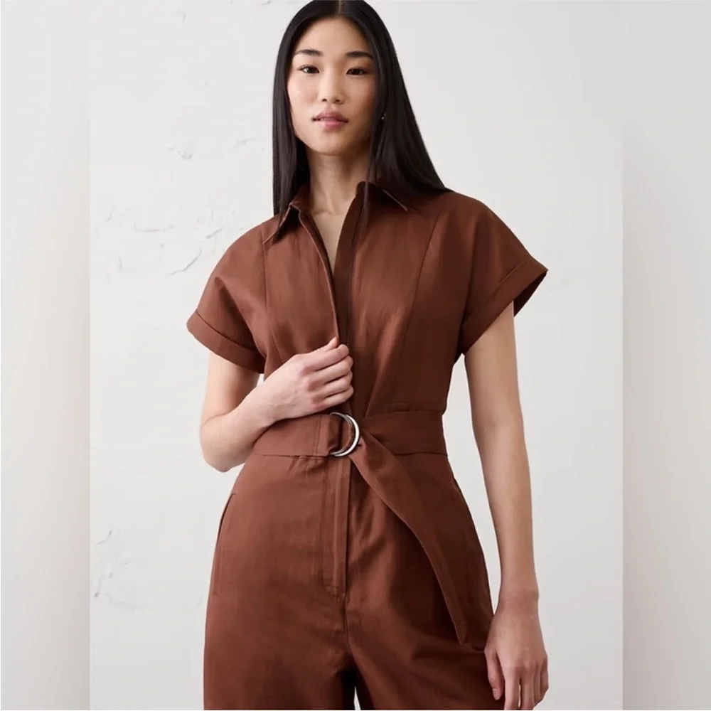 NWT! Banana Republic Warm Brown Linen-Blend Jumpsuit - Large Petite Only